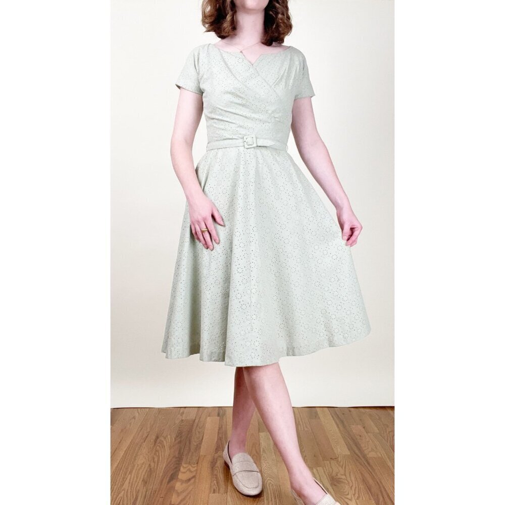 Vintage Mid Century Fit & Flare Midi Dress Embroidered Short Sleeve Belt 50s 60s
